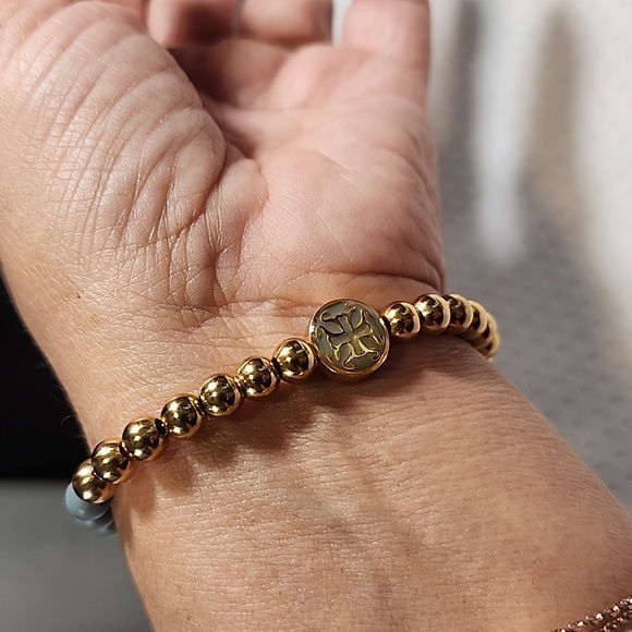 Rustic Cuff Beautiful Ligh Blue and Gold Beaded Bracelet - Picture 6 of 7